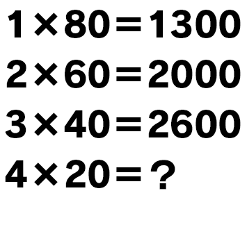 1×80＝1300　2×60＝2000　3×40＝2600　4×20＝？
